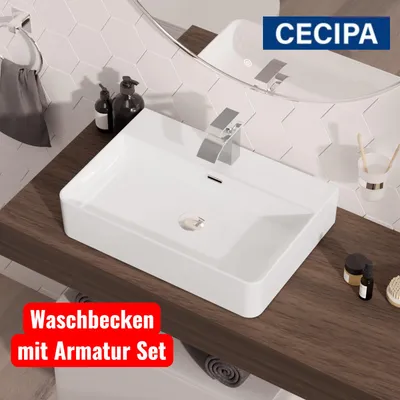Produktbild von Waschbecken 59x43 cm mit Armatur Set, Keramik Aufsatzwaschbecken eckig, Cecipa MAX Badwaschbecken Wandmontage, Wasserfall Armatur pflegeleicht