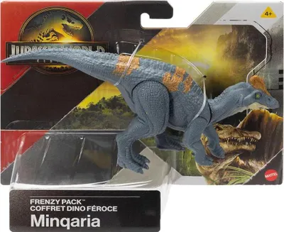 A toy dinosaur in its packaging, with a Jurassic World theme.