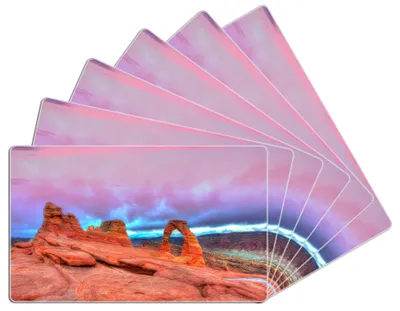 Produktbild von Wallario Frühstücksbrettchen 6er Set aus Glas, je 14 x 23 cm, mit rutschfesten Füßen, Motiv Farbenfrohes Naturdenkmal - Steinbogen im Nationalpark Arches