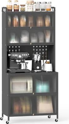 Zdjęcie produktu dla COSTWAY Szafka kuchenna na kółkach, szafka bufetowa z blatem, panel perforowany, haczyki, przezroczyste drzwi, do mikrofalówki, szafka do przechowywania, szara