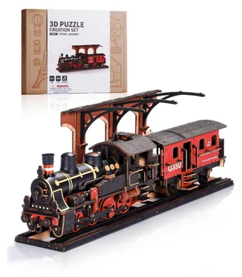 Immagine prodotto di Puzzle in legno 3D, kit di modellismo per adulti, locomotiva a vapore, set per il fai-da-te, treno vintage