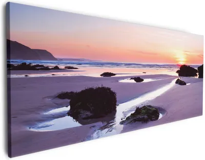 Produktbild von Wallario Premium Leinwandbild Sonnenuntergang am einsamen Strand in Größe 50 x 125 cm