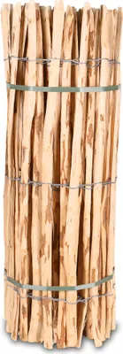 A bundle of wooden stakes tied together with wire and green plastic straps.
