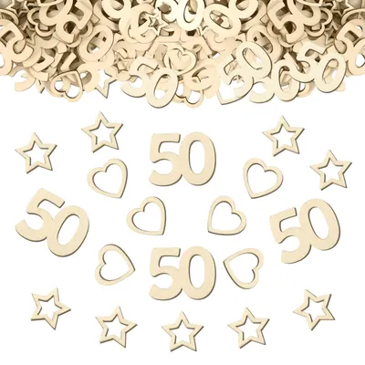 Image de Décorations en bois - Motifs cœur et étoile avec le chiffre 50 - Décoration de table - 150 pièces