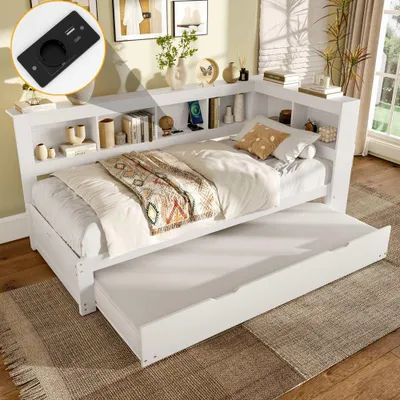 Image de Lit de jour blanc avec fonction canapé-lit, 2 tiroirs, prise électrique et prises USB, sommier à lattes inclus, panneau de particules, 90 x 200 cm