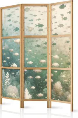 Produktbild von 3-teiliger Einseitiger Vlies Japanischer Paravent - Fish and Diverse Vegetation - Grouping of Fish in Pastel Subdued Colors Among Oceanic Vegetation 135x172 cm Tiere g-H-10114-bh-a