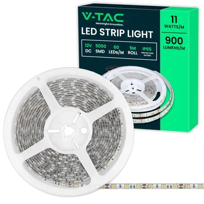 Produktbild von V-TAC LED-Streifen für den Außenbereich, IP65, wasserdicht, 11 W, 5 Meter, SMD 5050, hohe Helligkeit, LED-Streifen, Klebestreifen und Abdeckung aus Silikon, 12 Volt, Licht 6500 K, kaltweiß