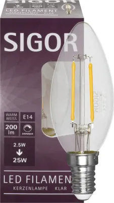 Produktbild von SIGOR 2,5W Kerze Filament klar E14 250lm 2700K dimmbar LED Lampe C35