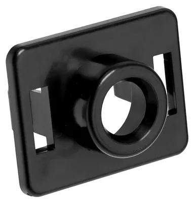 A black plastic component with a circular opening and two rectangular slots.