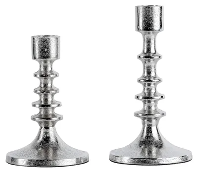Produktbild von 2er Set Kerzenständer Aluminium Silber Deko - Moderne Kerzenleuchter für Stabkerzen - Tischdekoration Hochzeit - Wohnzimmer Dekoration - H 15 und 19 cm