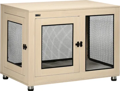 A light wood-colored dog crate with black mesh panels and doors, shown from the front on a white background.