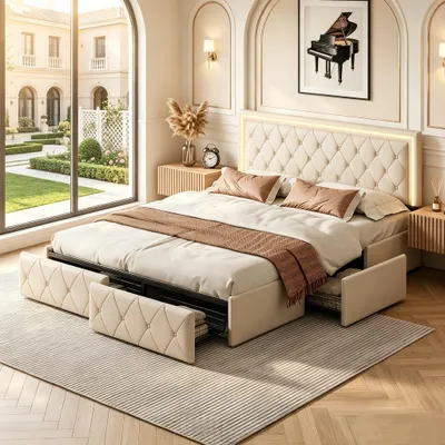 Immagine prodotto di Letto imbottito INONEFT, 160x200 cm, con 4 cassetti, letto per ragazzi/coppie con illuminazione LED, letto contenitore in legno massello con rete a doghe, rivestito in PU, colore beige