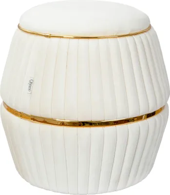 Produktbild von Qiyano Pouf Sitzhocker aus weichem Samtstoff in Zylinderform mit Ziernähten und Metalloptikringen in Creme Beige Gold, Höhe ca. 52 cm