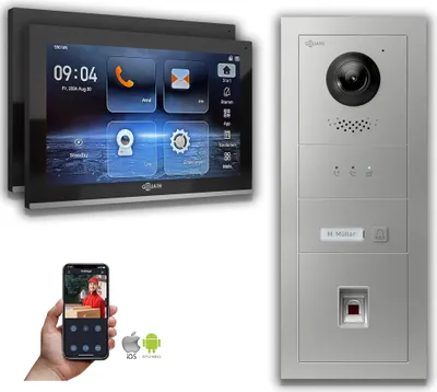 Produktbild von Goliath IP Video Türsprechanlage mit Kamera 10-Zoll Fingerprint Anzeige Silber : 2 Monitore : 10 Zoll Schwarz : Aufputz Dose Monitor Anzahl: 2 Monitore Monitor Farbe: 10 Zoll Schwarz Montage: Aufputz Dose