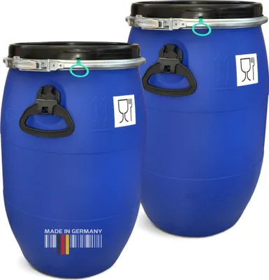 Produktbild von plasteo® 2 Stück 60 Liter Deckelfass Weithalsfass Lagerfass Transportfass Kunststofffass Futtertonne Weithalstonne inkl. Lebensmittelzulassung
