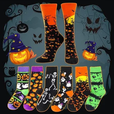 Productafbeelding van Ibenzoa® 4 paar damessokken voor Halloween – grappige, kleurrijke motieven, mix van katoen (katoen/nylon/elastaan), maat 36–40, ideaal als cadeau