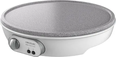 A white electric crêpe maker with a gray cooking surface is shown from a diagonal angle against a white background.
