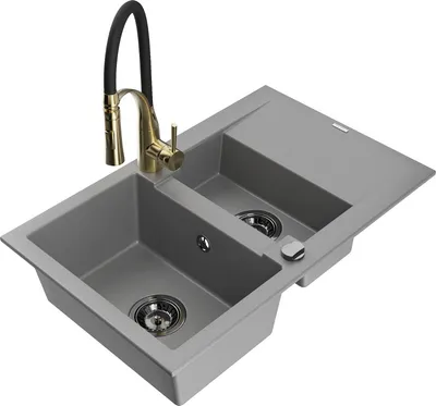 Produktbild von Mexen Gaspar 1,5-Becken-Granitspüle mit Abtropffläche und Mischbatterie Aster, Grau - 6507-71-73450-57-B