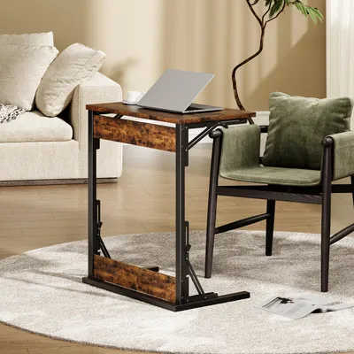 Produktbild von MODFU C-förmiger Klapptisch 2er-Set,Schreibtisch mit Metallgestell und verstellbaren Füßen,Beistelltisch mit breiter Bodenauflage,für Wohnzimmer Schlafzimmer,60 x 37 x 71 cm,Braun