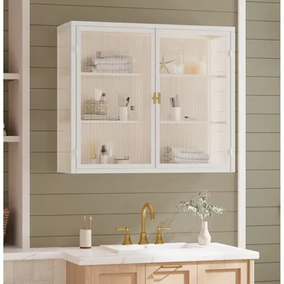 Image de Armoire murale moderne de 70 cm avec portes en verre, meuble suspendu à deux portes avec rangement en trois niveaux, couleur blanche