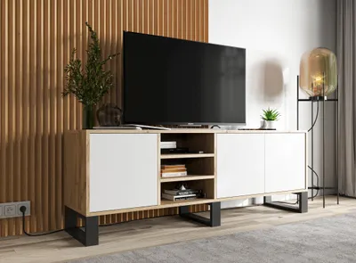 Obrázek produktu pro TV skříňka Loft Industrialna Televizní stolek RTV skříňka Apollo 150cm x 53cm x 35cm - Moderní -Tři kovové rámy Barva: Dub Wotan - bílý mat