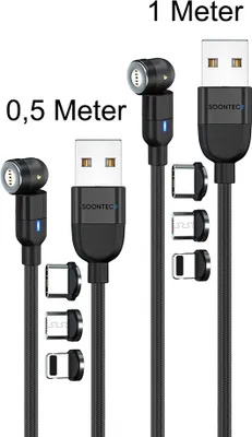 Obrázok produktu pre Magnetický nabíjací kábel sada 2 (1 meter + 0,5 metra) SOONTEC dátový kábel magnetický nabíjací kábel otočný o 360° a 180° s 3 zástrčkami Micro USB/ USB-C/ Lightning 3.0 A nabíjací kábel (čierny)