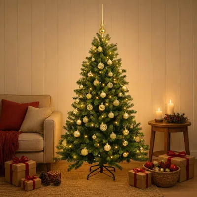Zdjęcie produktu dla Sztuczne drzewko świąteczne z ozdobami, wysokość 150 cm, 150 diod LED