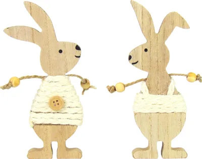 Produktbild von 2-teiliges Set Dekofiguren Osterhasenpärchen - Osterdekoration – Tischdekoration aus Holz – 15cm x 5cm x 1cm (T-Shirt und Kleid)