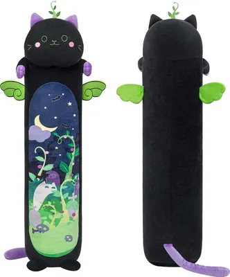 A plush toy shaped like a black cat with green wings and a purple tail, shown from the front and back.