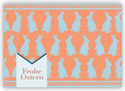Produktbild von Schöne Retro Vintage Osterkarte mit Scherenschnitt Hasen: Frohe Ostern in orange hellblau
