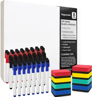 Productafbeelding van Wittebord-schrijfbord, dubbelzijdig, 30 x 22,9 cm, met 24 stiften en 8 wisdoeken, geschikt voor school en kantoor