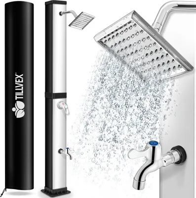 Produktbild von tillvex solární sprcha 40L černá/stříbrná včetně ochranného krytu zahradní sprcha bazénová sprcha kempinková sprcha solární venkovní sprcha dešťová sprcha