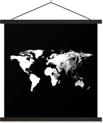 Produktbild von MuchoWow® Textilposter Weltkarte - Löwe - Schwarz und weiß 40x40 cm mit schwarzem Rahmen - Fotos