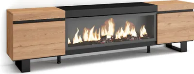 A modern media console with a built-in electric fireplace.