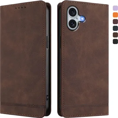 Obrázek produktu pro Pouzdro pro iPhone 16 Plus, retroPolyuretankožené flip pouzdro s stojánkem a přihrádkami na karty Hnědý