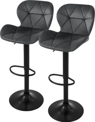 Two gray bar stools with black bases and footrests are shown against a white background.
