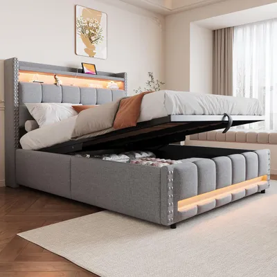 Image de Sweiko Lit rembourré 140*200cm, Tête de lit avec étagères et espace de rangement, Avec hydraulique pour le stockage, Lit adulte Double, Gris clair
