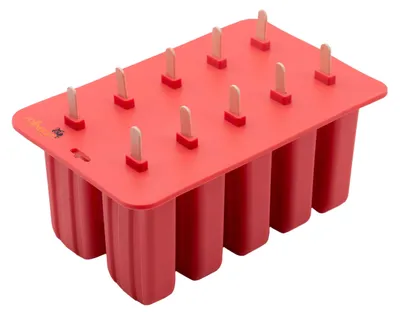 Produktbild von Eisformen aus Silikon mit 10 Holzstäbchen für Eis am Stiel, rot