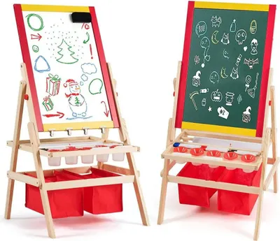 Image de Chevalet pour enfants - Tableau à dessin 3 en 1 - Double face - Tableau blanc, tableau noir et rouleau de papier - 2 boîtes de rangement - Accessoires inclus - Plastique - Âge : 3 à 6 ans - Rouge