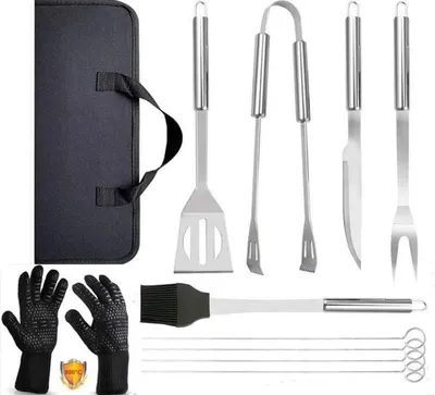 Image de set de 9 ustensiles de barbecue premium en acier inoxydable avec gants BBQ résistants à la chaleur jusqu'à 800°C Sac de transport inclus Idéal pour les passionnés de barbecue