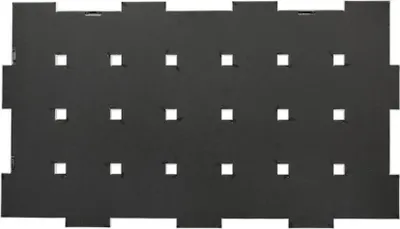A flat lay of a black multi-photo frame with many square cutouts for photos.