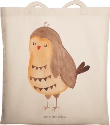 Produktbild von Mr. & Mrs. Panda Tote Bag Eule Zufrieden - Weiß - Geschenk, Tasche, festival, Jutebeutel, glücklich, Waldtier, Owl, Hochzeitstag, Shopping, Laptoptasche, Müde