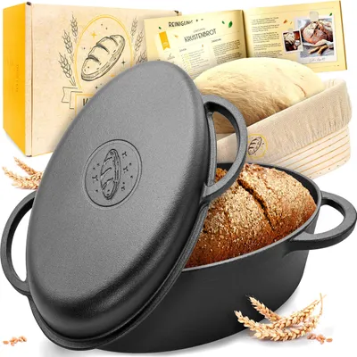 Obrázok produktu pre KRUSTENZAUBER 34cm liatinový pekáč s pokrievkou vrátane koša na pečenie - oválny liatinový hrniec na pečenie chleba - ideálny ako pekáč na chlieb a rúra na pečenie