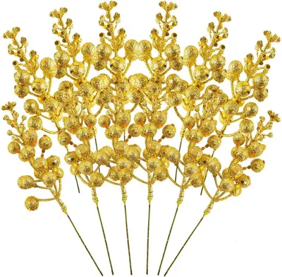 14 Glitzerbeerenstiele 19 cm Gold für Weihnachtsdeko