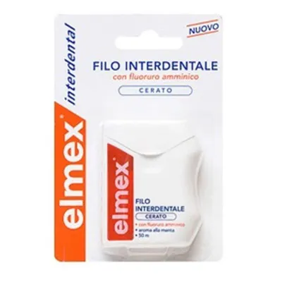 A product package for Elmex interdental dental floss.