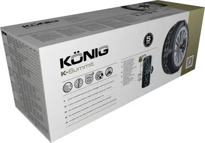 A product box for snow chains, showing the brand name, product name, and various icons and text related to the product.