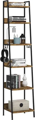 A tall, narrow ladder shelf unit with multiple wooden shelves filled with books and decorative items, against a white background.