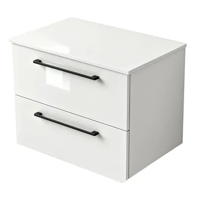 Obrázek produktu pro Závěsná koupelnová skříňka ONE 60 cm s deskou 2 velké zásuvky bílý lesk černé úchytky