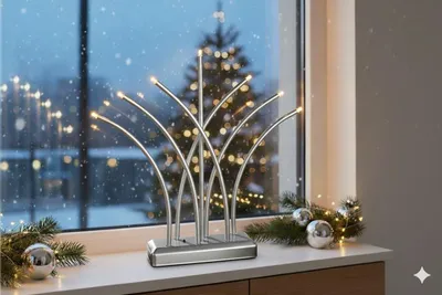 Produktbild von MeLiTec LED USB-C Stimmungslicht Weihnachten, SL62, Fächer, Chrom matt, warmweiß (3000K), dimmbar (3 Stufen), 5h-Timer, kabellos inkl. Akku, Innen – modernes Dekorationslicht, Lichtbogen, Fensterlicht