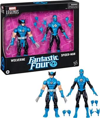 A product packaging box containing two action figures, Wolverine and Spider-Man, with accessories.